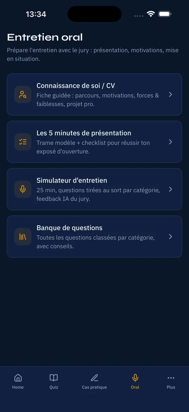Écran Entretien oral de l'application, listant fiche de présentation, trame des 5 minutes, simulateur d'entretien et banque de questions